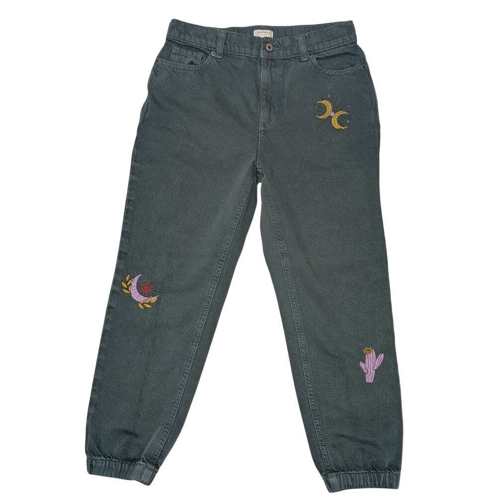 PacSun Kids Girls Size 12 Embroidered Celestial Cactus Jogger Jeans Gray Green